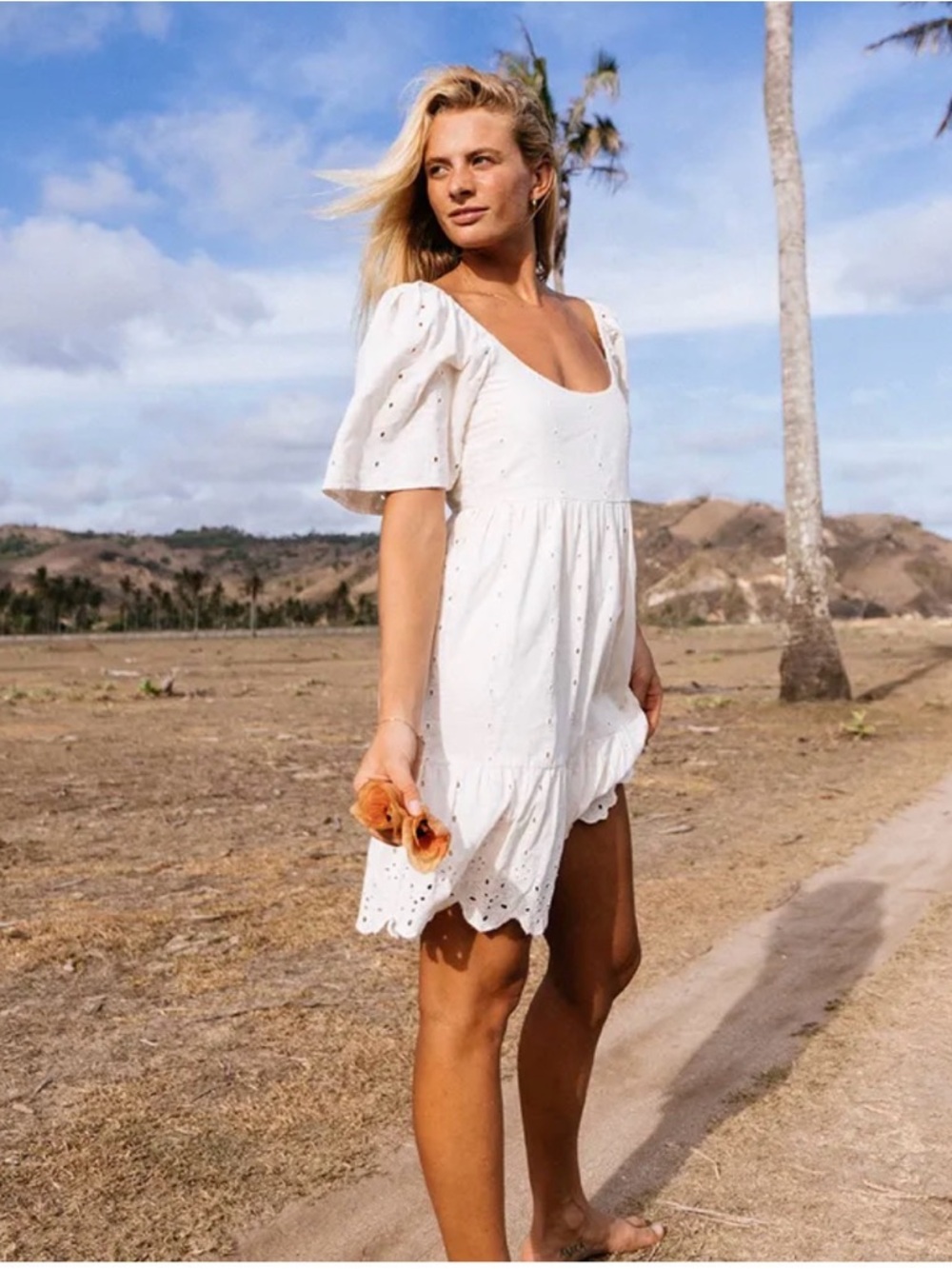 Rip Curl Cream Eyelet Knit Top with Logo Plate